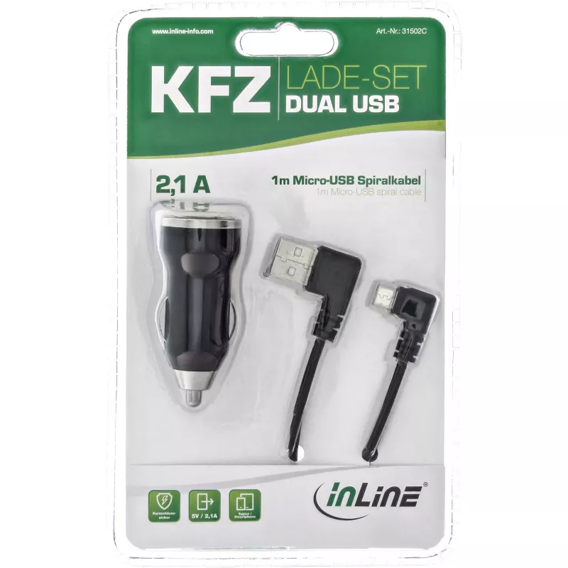 Conjunto de carregamento USB DUAL+ para automóvel InLine, fonte de alimentação com cabo espiral de 1 m