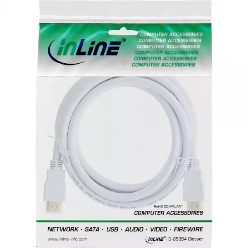 Cabo HDMI High Speed com Ethernet InLine, macho/macho, branco, contactos dourados, 2 m