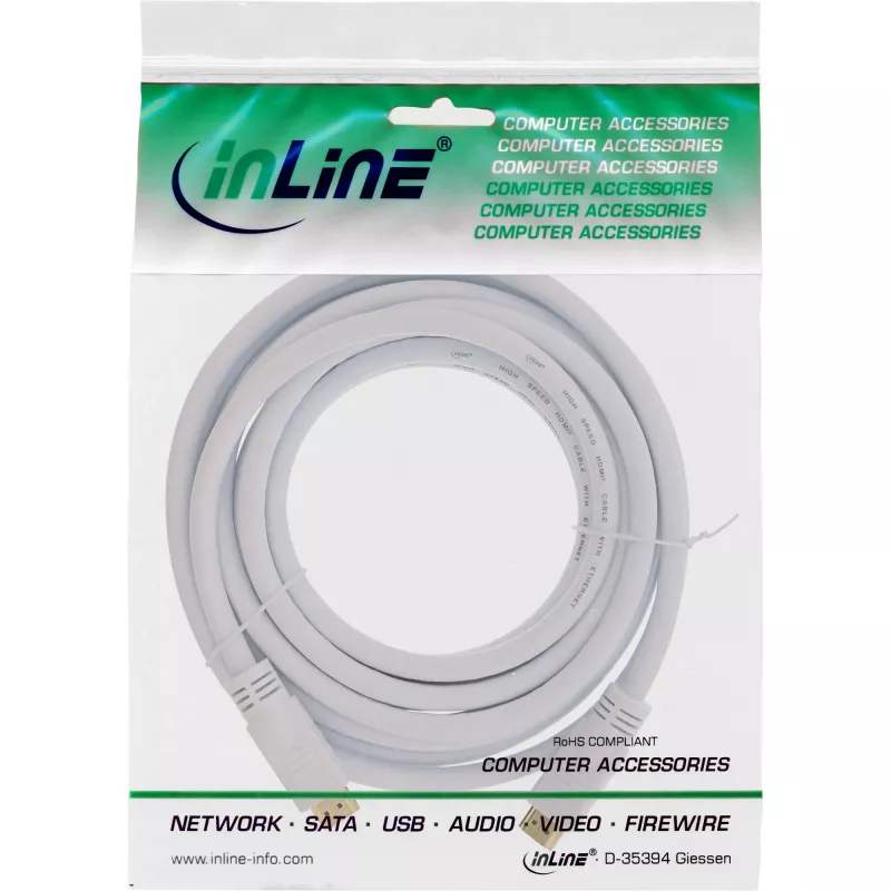 Cabo HDMI High Speed com Ethernet InLine, macho/macho, branco, contactos dourados, 7,5 m