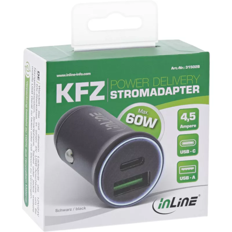 Carregador de automóvel USB InLine adaptador de corrente Power Delivery, USB-A + USB-C, preto