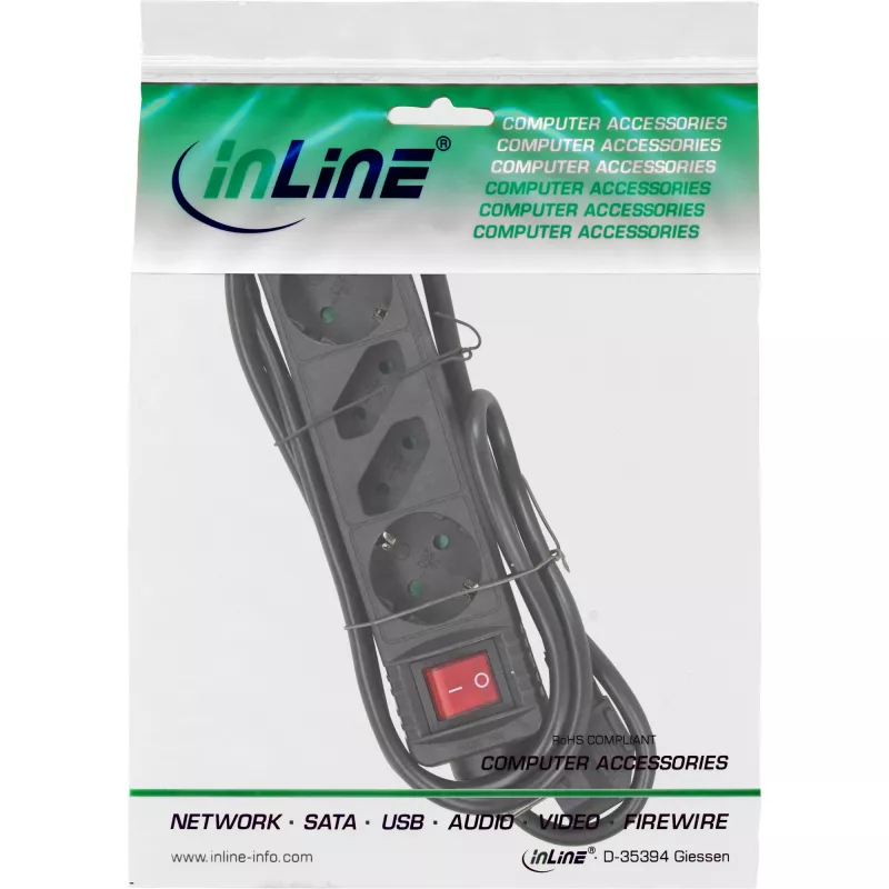 Régua de tomadas InLine, 4 tomadas, 2x CEE7/3 + 2x Euro CEE 7/16, preto, 3 m