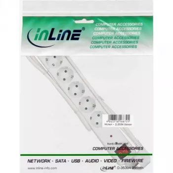 Régua de tomadas InLine CEE 7/3, 6 tomadas, proteção contra sobretensão, interruptor, branco