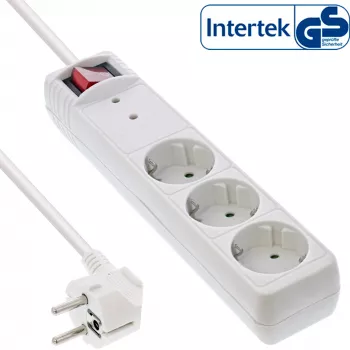 Régua de tomadas InLine CEE 7/3, 3 tomadas, proteção contra sobretensão, interruptor, branco