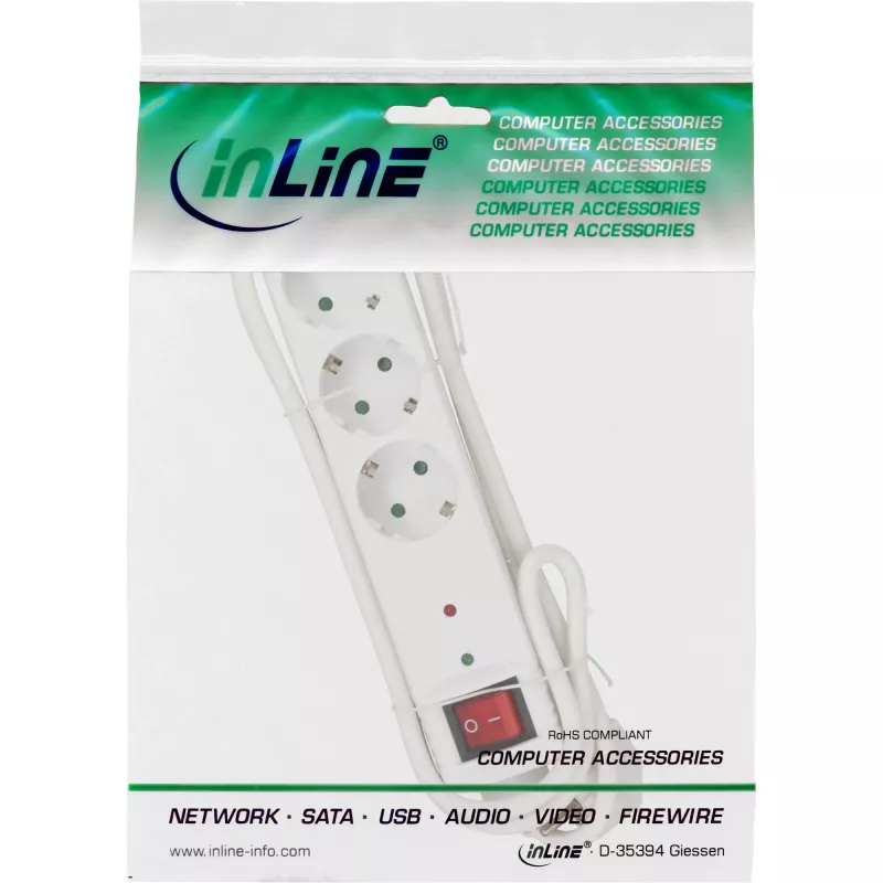 Régua de tomadas InLine CEE 7/3, 3 tomadas, proteção contra sobretensão, interruptor, branco