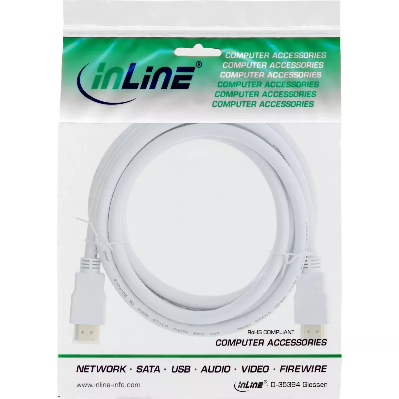 Cabo HDMI High Speed InLine com Ethernet, M/M, branco, contactos dourados, 3 m