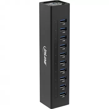 Hub USB 3.0 InLine 10 portas caixa de alumínio com fonte de alimentação 4A, preto