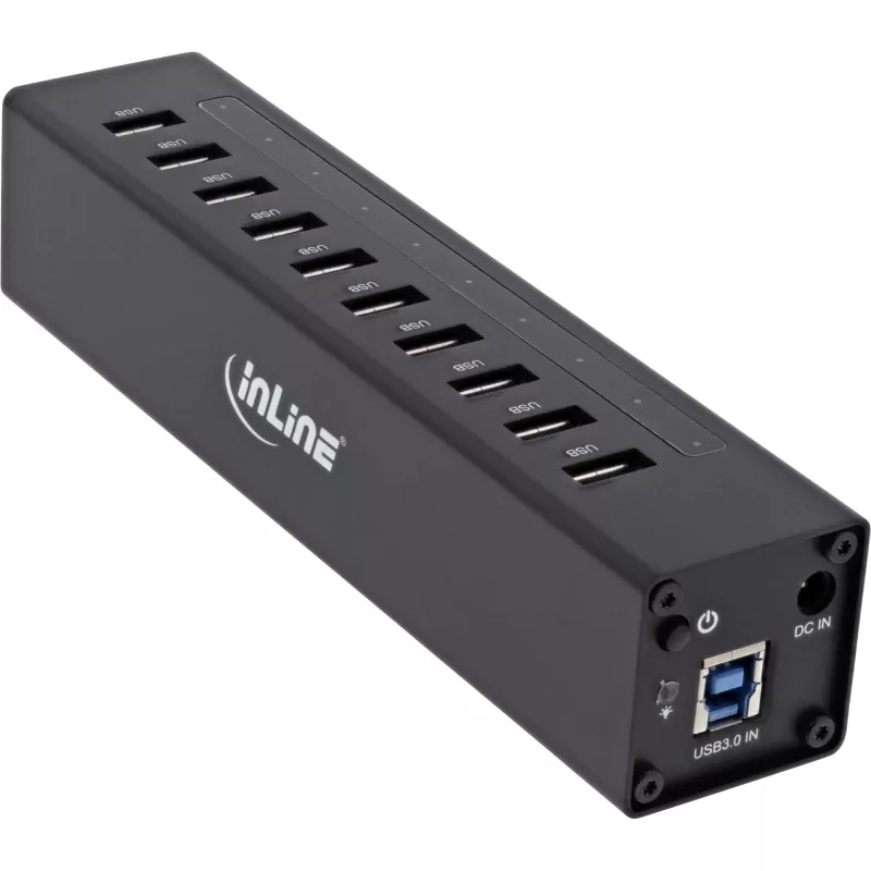 Hub USB 3.0 InLine 10 portas caixa de alumínio com fonte de alimentação 4A, preto