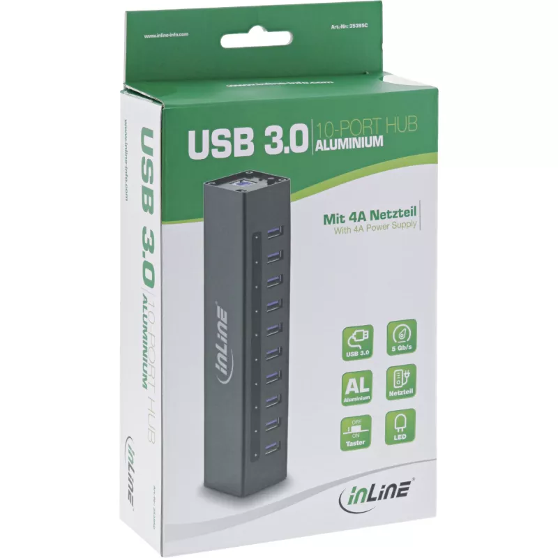 Hub USB 3.0 InLine 10 portas caixa de alumínio com fonte de alimentação 4A, preto
