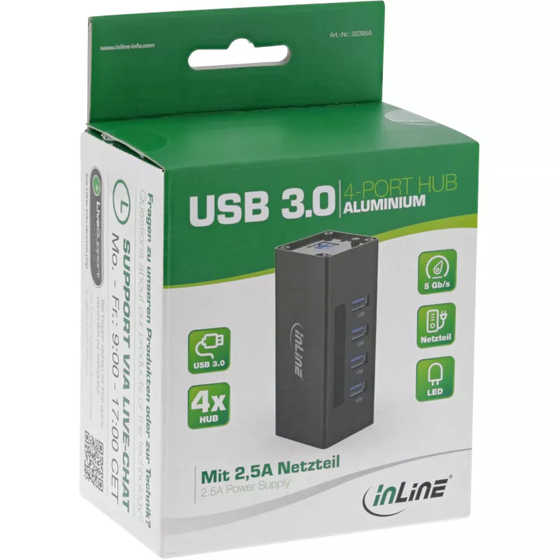 Hub USB 3.0 InLine, 4 portas, caixa de alumínio, com fonte de alimentação 2,5A