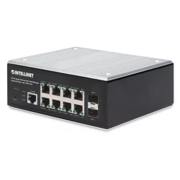 Switch Intellinet Industrial 8 portas Gigabit Ethernet PoE+ Layer 2+ Web-Managed com 2 portas SFP, conforme IEEE 802.3at/af (PoE+/PoE), orçamento de potência PoE até 240 W, Layer 2+/Layer 3 Lite, caixa metálica certificada IP30, rede auto-reparável, Endsp