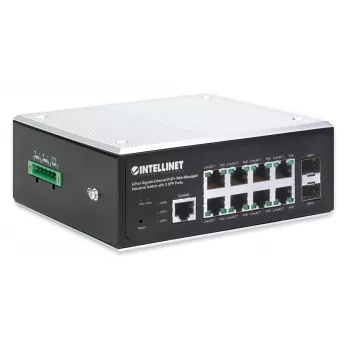 Switch Intellinet Industrial 8 portas Gigabit Ethernet PoE+ Layer 2+ Web-Managed com 2 portas SFP, conforme IEEE 802.3at/af (PoE+/PoE), orçamento de potência PoE até 240 W, Layer 2+/Layer 3 Lite, caixa metálica certificada IP30, rede auto-reparável, Endsp