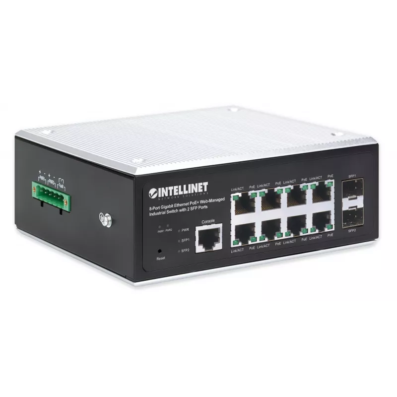 Intellinet 508278 switch industrial de 8 portas Gigabit Ethernet PoE+ L2+ gerido por web, 2x SFP, 30 W por porta, calha DIN, de -40 a 85 °C, IP30, sem ventoinha