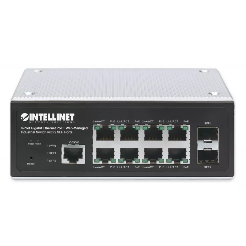 Intellinet 508278 switch industrial de 8 portas Gigabit Ethernet PoE+ L2+ gerido por web, 2x SFP, 30 W por porta, calha DIN, de -40 a 85 °C, IP30, sem ventoinha