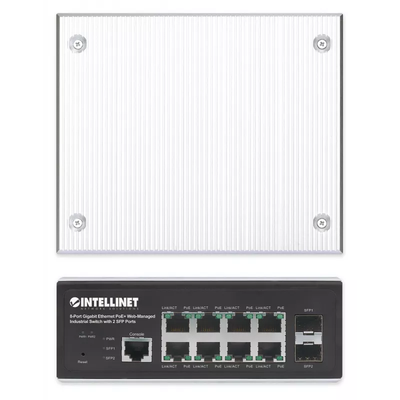 Intellinet 508278 switch industrial de 8 portas Gigabit Ethernet PoE+ L2+ gerido por web, 2x SFP, 30 W por porta, calha DIN, de -40 a 85 °C, IP30, sem ventoinha