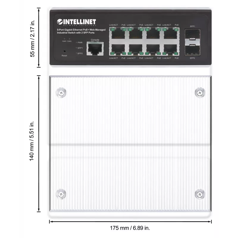 Intellinet 508278 switch industrial de 8 portas Gigabit Ethernet PoE+ L2+ gerido por web, 2x SFP, 30 W por porta, calha DIN, de -40 a 85 °C, IP30, sem ventoinha
