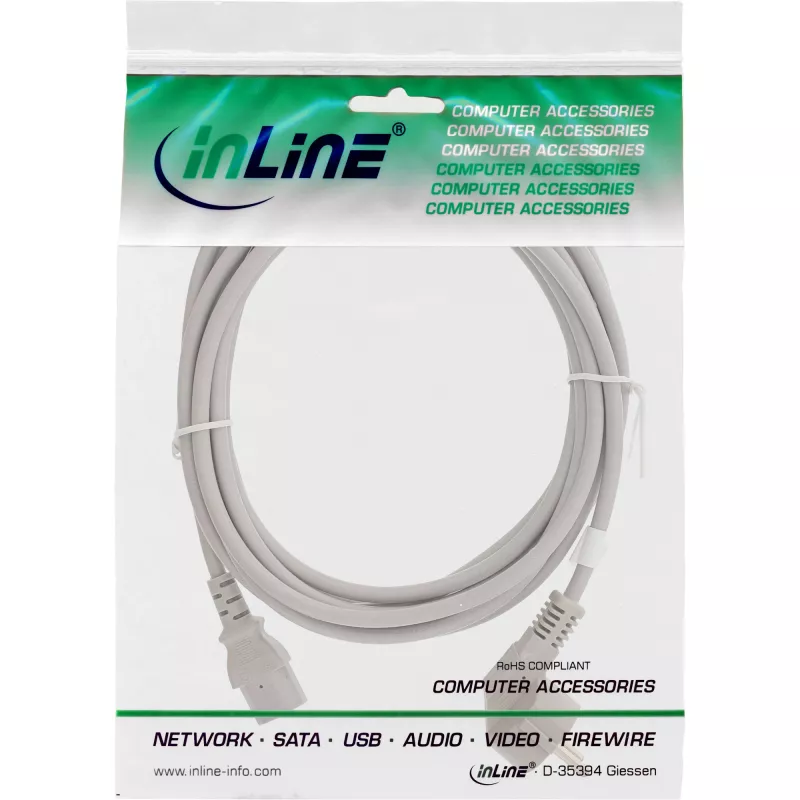 Cabo de alimentação InLine, CEE 7/7 angular / ficha IEC C13 de 3 polos, cinzento, 5 m