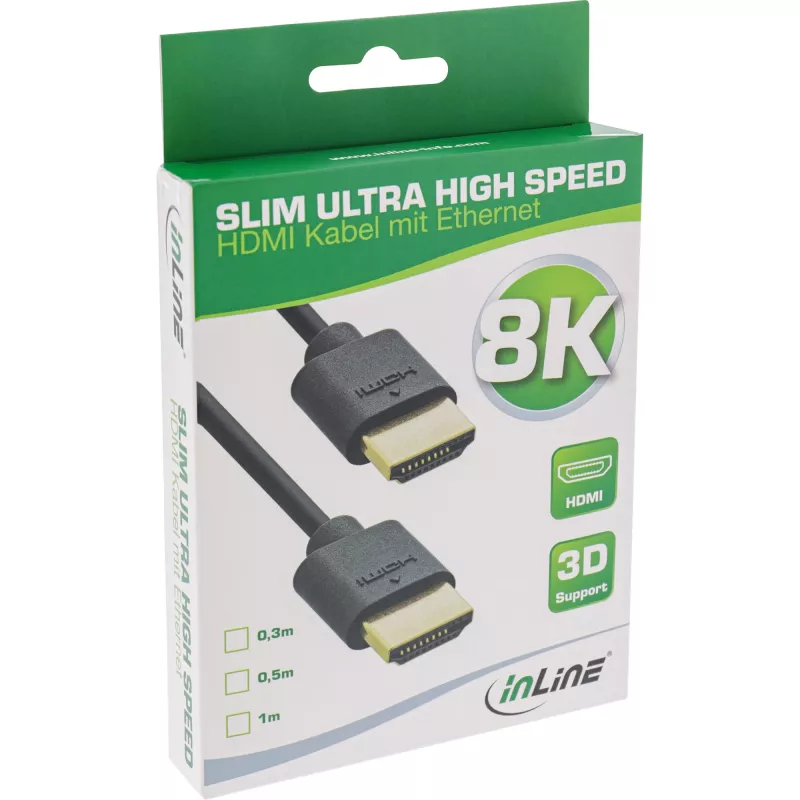 Cabo HDMI Slim Ultra High Speed M/M 8K4K banhado a ouro preto 0,3 m InLine