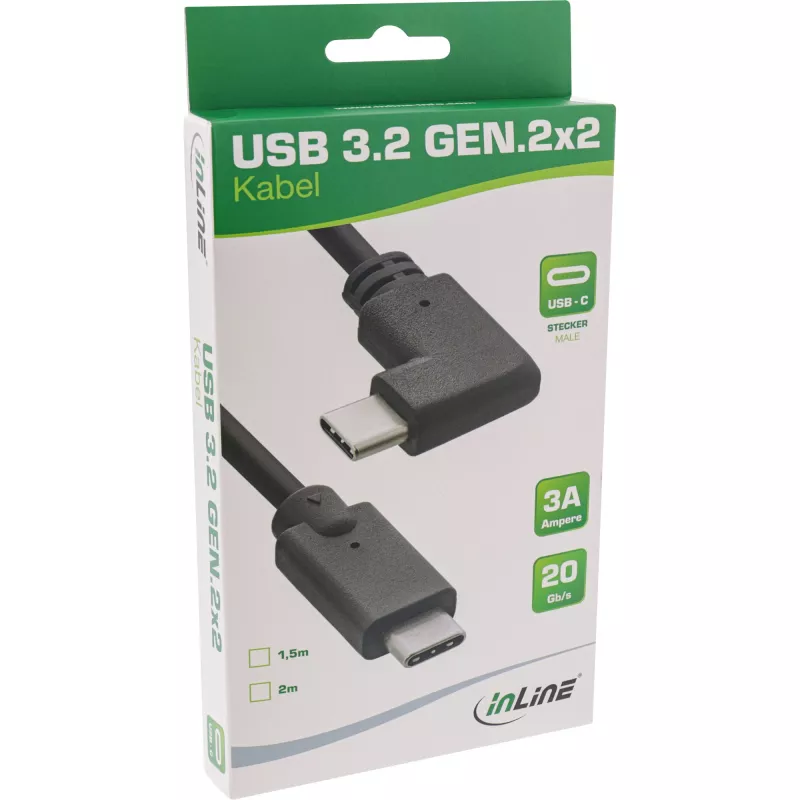 Cabo USB 3.2 Gen.2 InLine, ficha/ficha USB-C angular, preto, 1,5 m