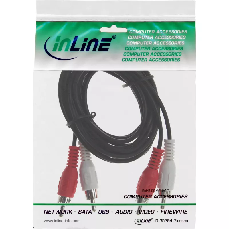 Cabo de áudio InLine, 2x ficha/ficha RCA 15 m, preto