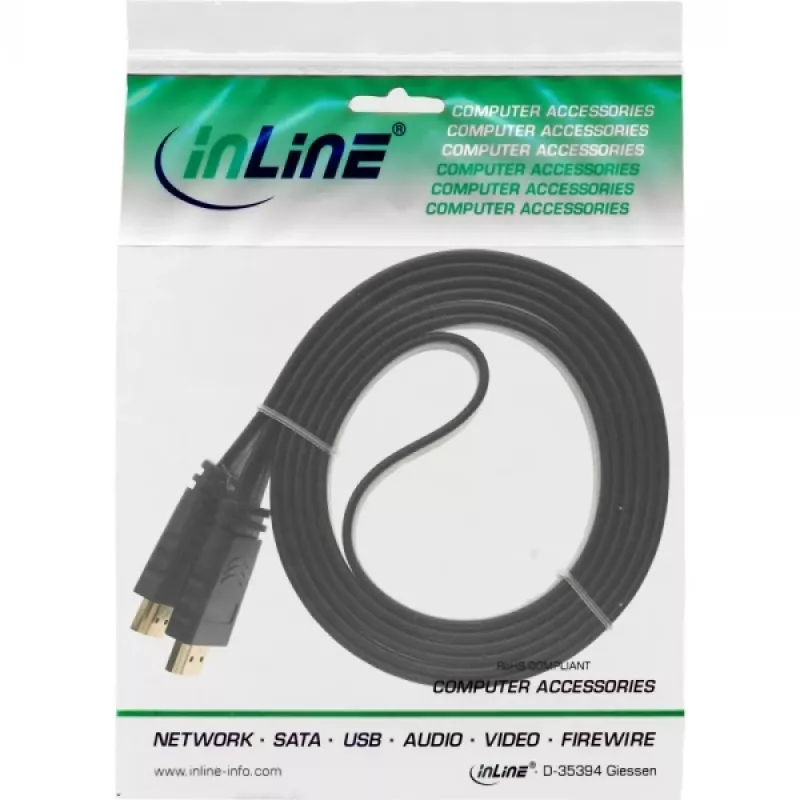 Cabo HDMI plano InLine High Speed com Ethernet banhado a ouro preto 2 m