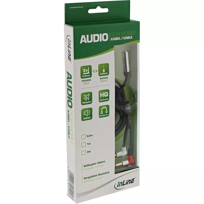 Cabo de áudio fino para assento de avião InLine 2x 3,5 mm macho para 1x fêmea, 0,15 m