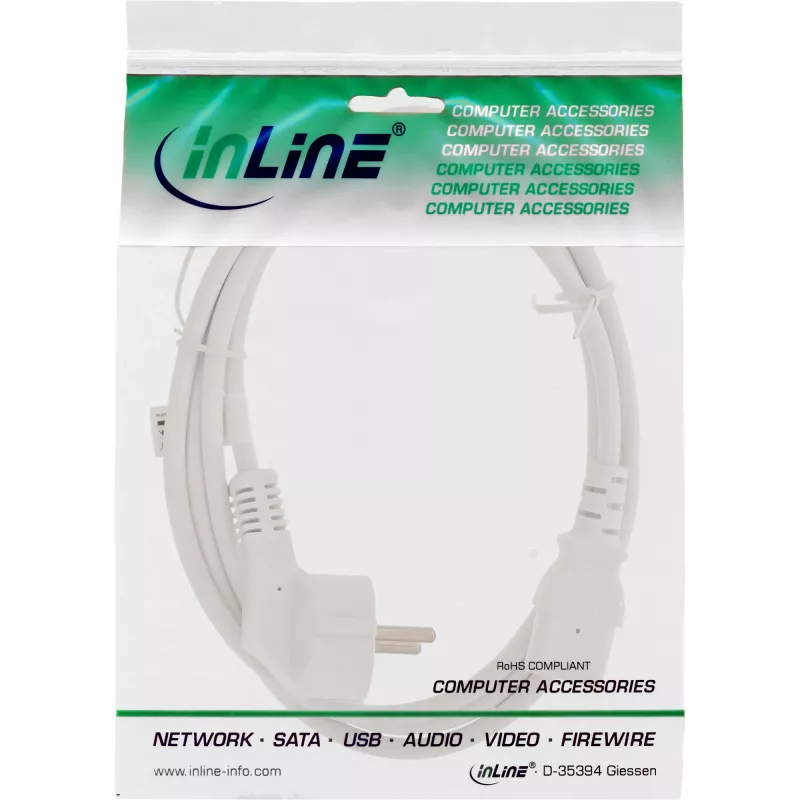 Cabo de alimentação InLine, CEE 7/7 angular / ficha IEC C13 de 3 polos, branco, 0,5 m