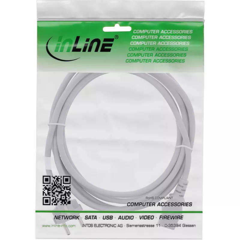 Cabo de alimentação InLine, CEE 7/7 reto / ficha IEC C13 de 3 polos, cinzento, 1 m