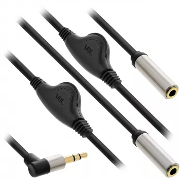 Cabo de áudio em Y fino InLine 3,5 mm ficha / 2x conector fêmea, com controlo de volume 0,25 m