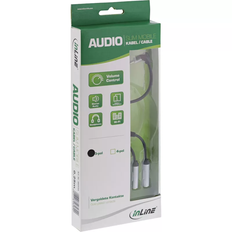 Cabo de áudio em Y fino InLine 3,5 mm ficha / 2x conector fêmea, com controlo de volume 0,25 m