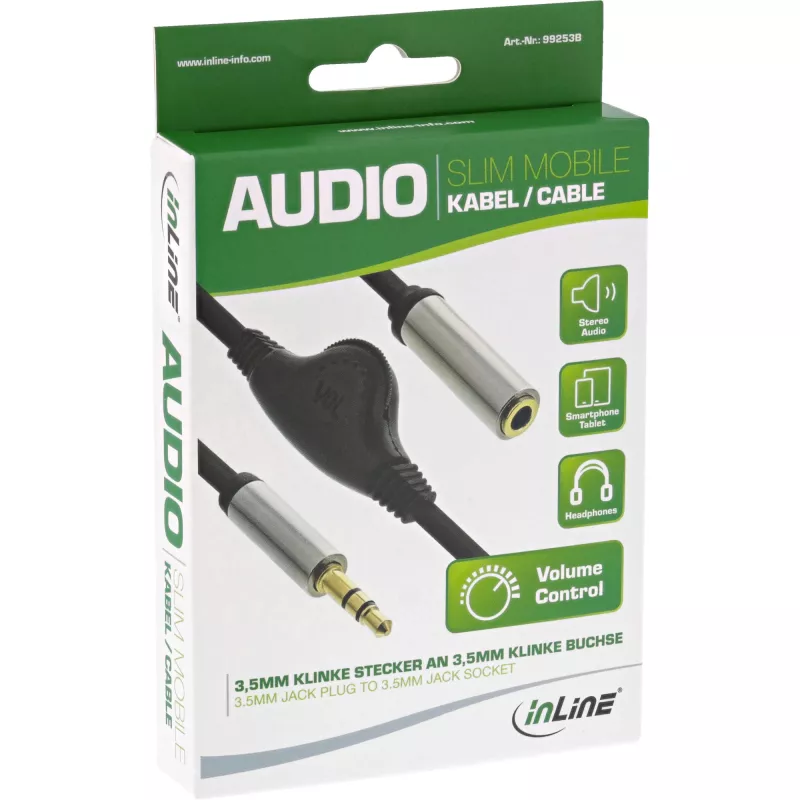 Cabo de áudio fino InLine 3,5 mm ficha / conector fêmea com controlo de volume 0,25 m