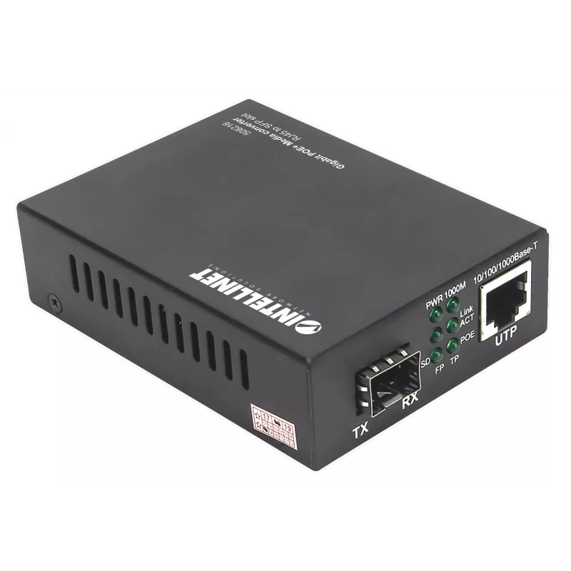Intellinet conversor de mídia Gigabit PoE+, 1 porta 1000Base-T RJ45 para 1 porta SFP, injetor PoE+