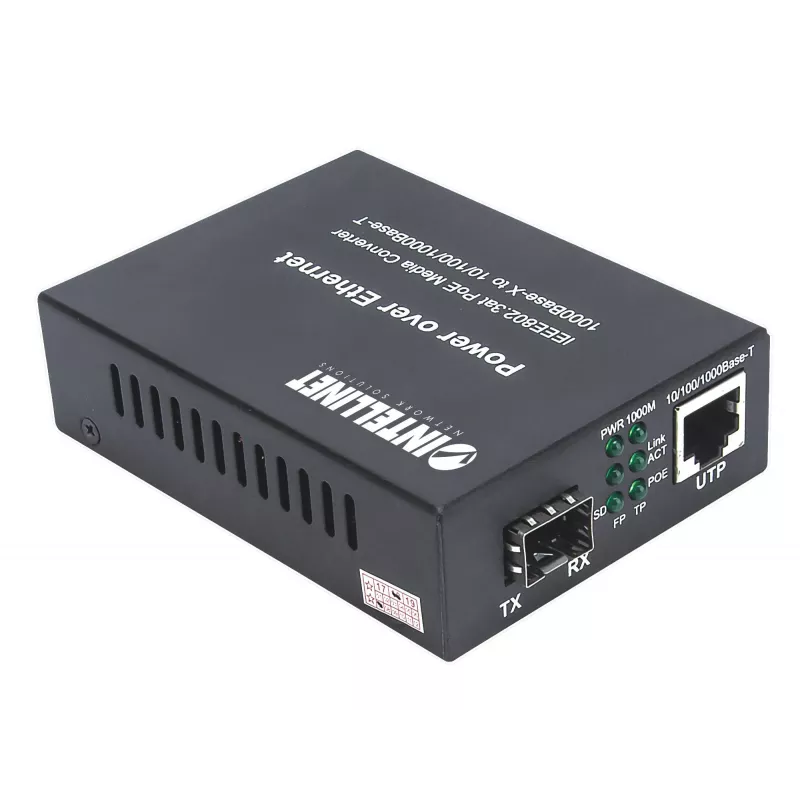 Intellinet conversor de mídia Gigabit PoE+, 1 porta 1000Base-T RJ45 para 1 porta SFP, injetor PoE+