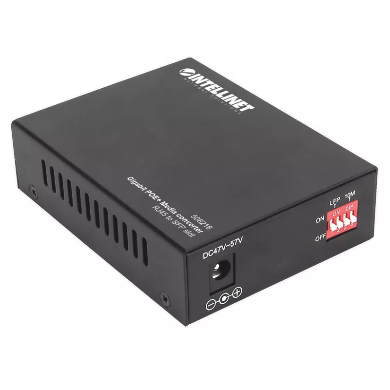 Intellinet conversor de mídia Gigabit PoE+, 1 porta 1000Base-T RJ45 para 1 porta SFP, injetor PoE+