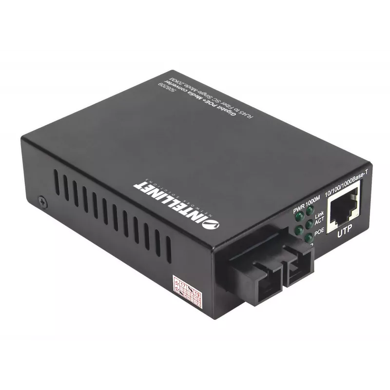 Intellinet 508209 conversor de meios Gigabit PoE+, de 1000Base-T RJ45 para 1000Base-LX SC monomodo, 20 km, 1310 nm, até 30 W