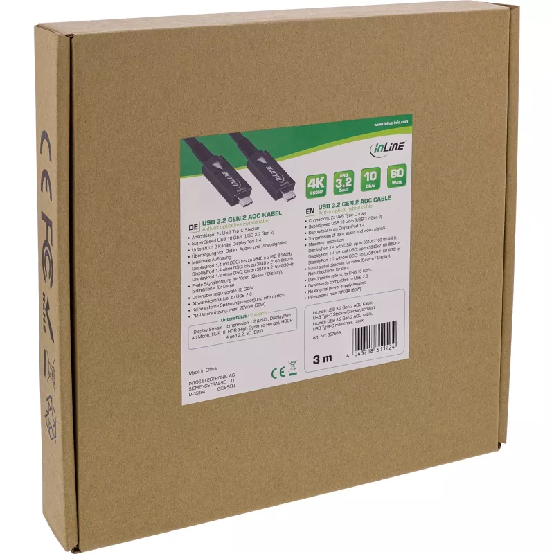 InLine cabo AOC USB 3.2 Gen.2, USB-C macho/macho, preto, 10m