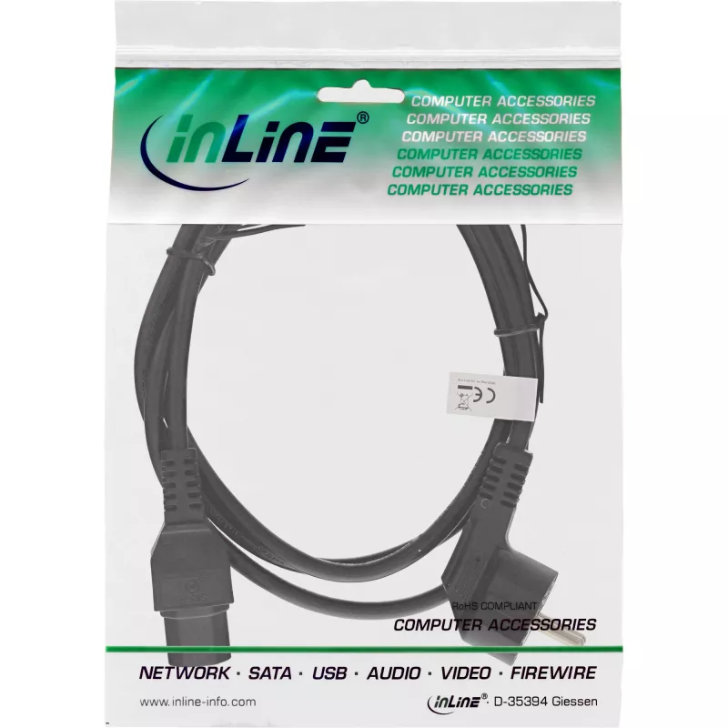 Cabo de alimentação InLine, CEE7/7 angular para C15 reto, 3 x 1 mm², preto, 2 m