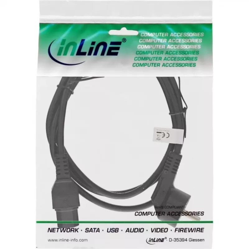 Cabo de alimentação InLine, CEE7/7 angular para C15 reto, 3 x 1 mm², preto, 5 m