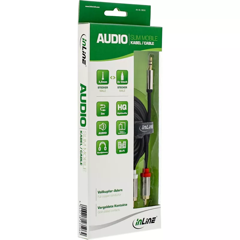 Cabo de áudio InLine fino 3,5 mm ficha / 2x ficha RCA 10 m