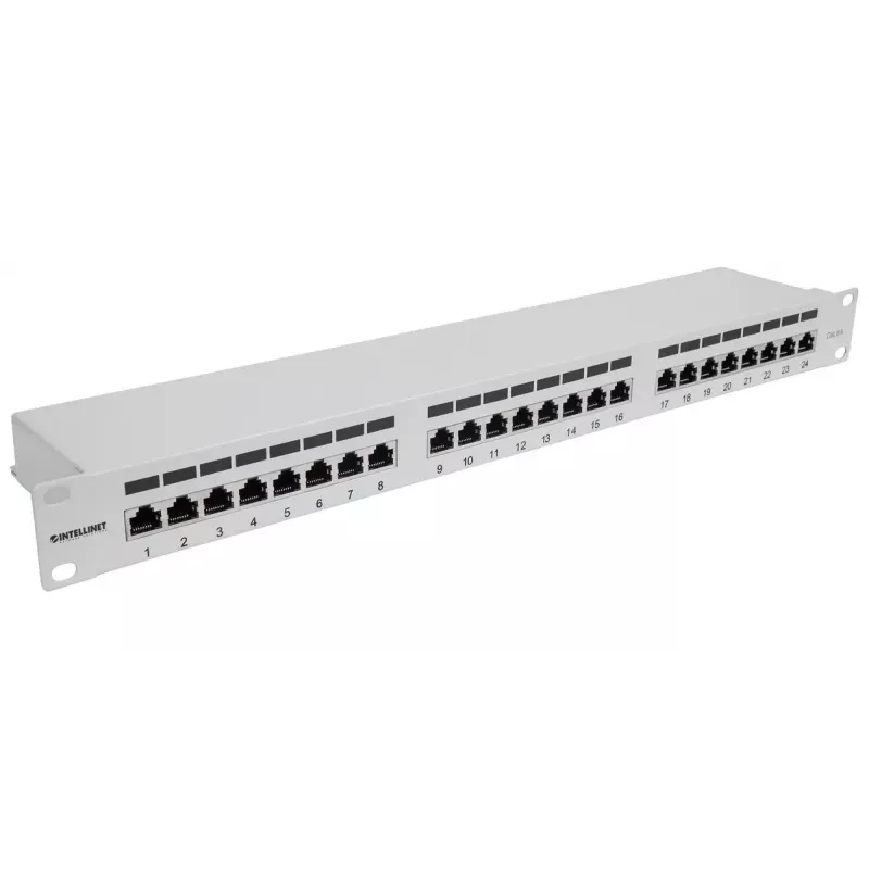 Patch panel Intellinet, Cat6a, FTP, 24 portas, 1U, blindado, réguas LSA 90° Top-Entry, cinzento