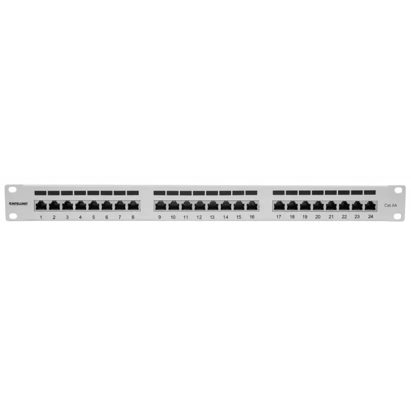 Patch panel Intellinet, Cat6a, FTP, 24 portas, 1U, blindado, réguas LSA 90° Top-Entry, cinzento