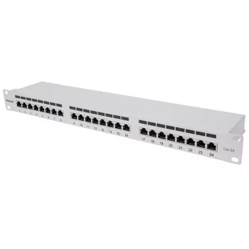 Patch panel Intellinet, Cat6a, FTP, 24 portas, 1U, blindado, réguas LSA 90° Top-Entry, cinzento