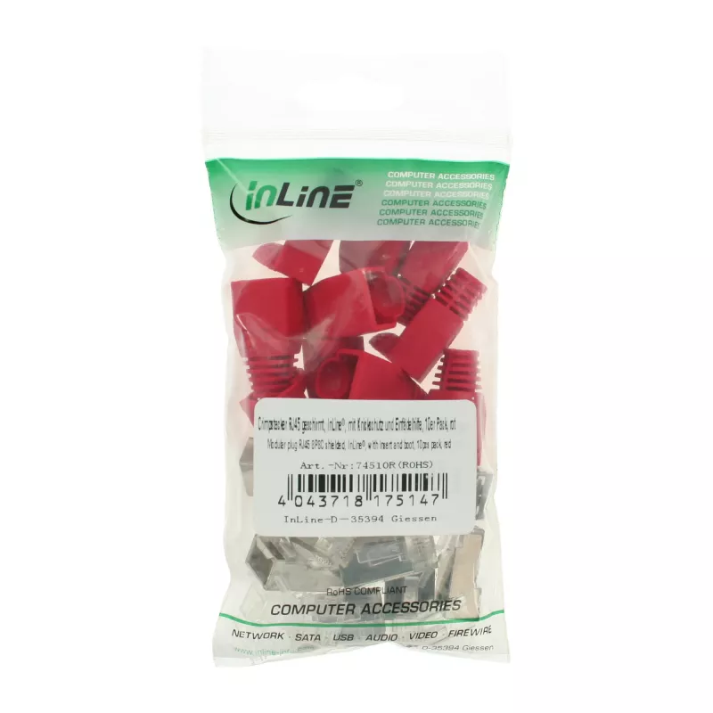 Ficha de crimpagem InLine RJ45 8P8C blindada com guia de inserção e proteção anti-dobra, vermelho