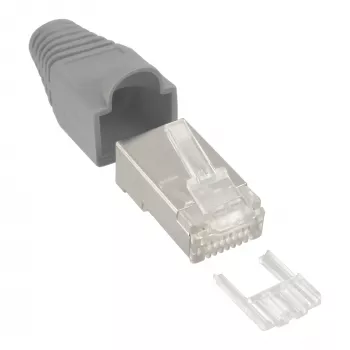 Ficha de crimpagem InLine RJ45 8P8C blindada com guia de inserção e proteção anti-dobra, cinzento