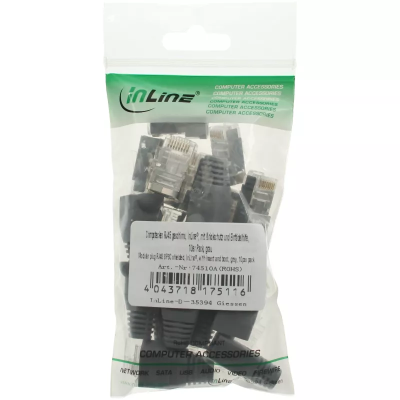 Ficha de crimpagem InLine RJ45 8P8C blindada com guia de inserção e proteção anti-dobra, cinzento
