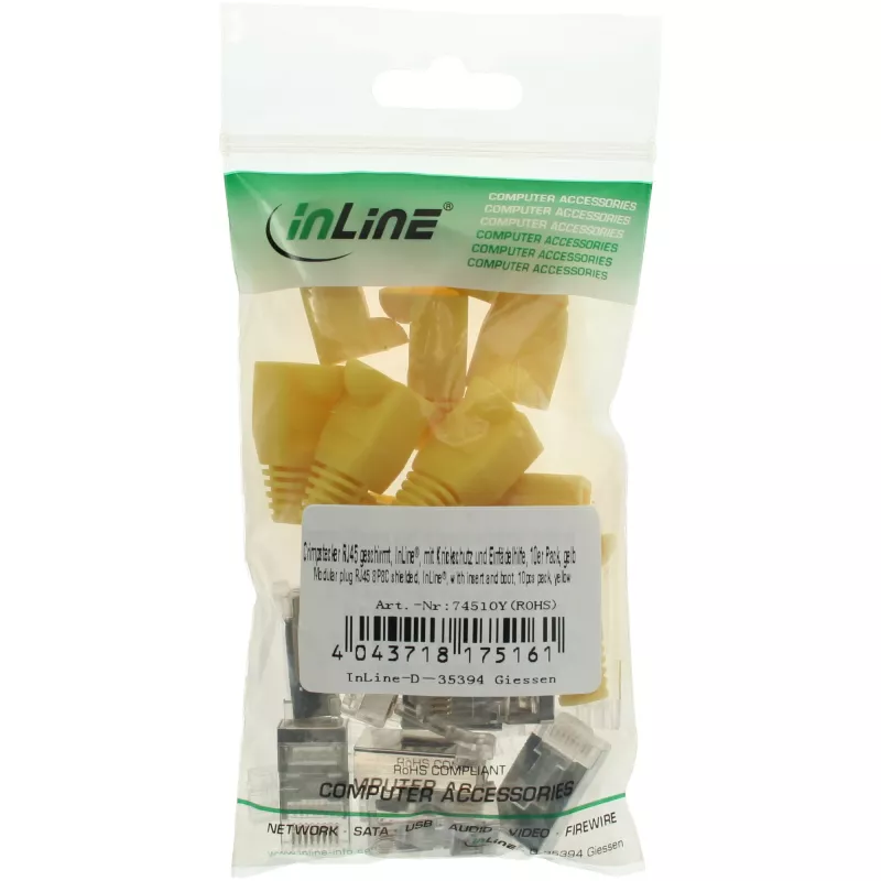 Ficha de crimpagem InLine RJ45 8P8C blindada com guia de inserção e proteção anti-dobra, amarelo