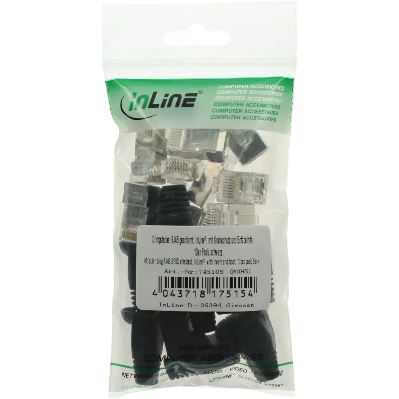 Ficha de crimpagem InLine RJ45 8P8C blindada com guia de inserção e proteção anti-dobra, preto