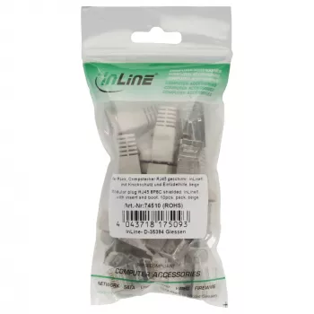 Ficha de crimpagem InLine RJ45 8P8C blindada com guia de inserção e proteção anti-dobra bege
