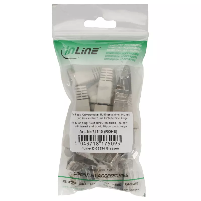 Ficha de crimpagem InLine RJ45 8P8C blindada com guia de inserção e proteção anti-dobra bege