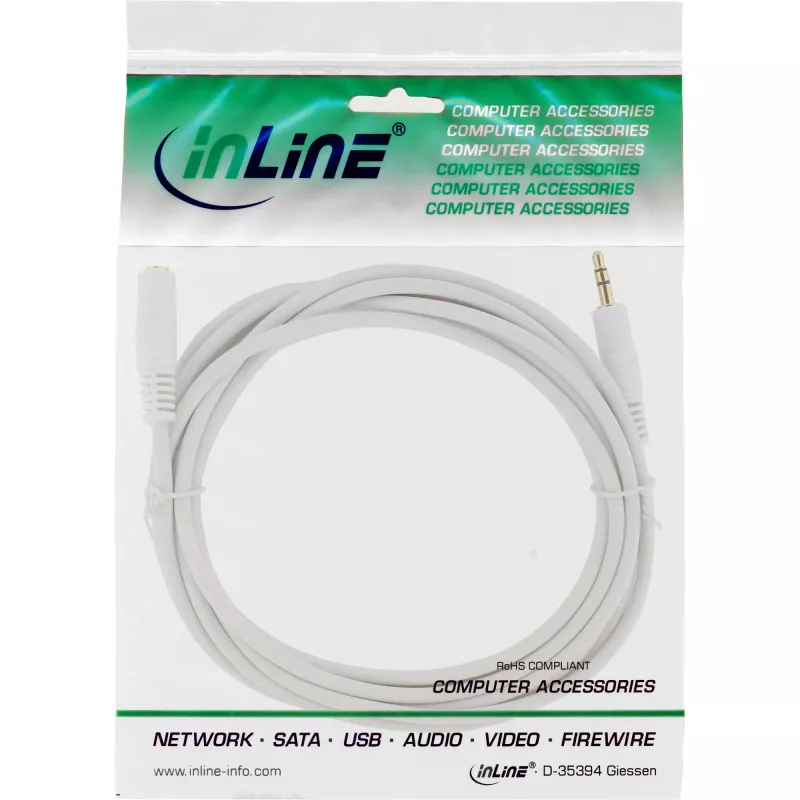 Cabo de áudio InLine, jack 3,5 mm macho/fêmea, estéreo, branco/dourado 10 m