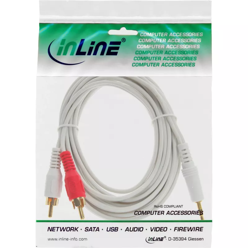 Cabo de áudio InLine 2x RCA macho / 3,5 mm macho estéreo branco/dourado 3 m